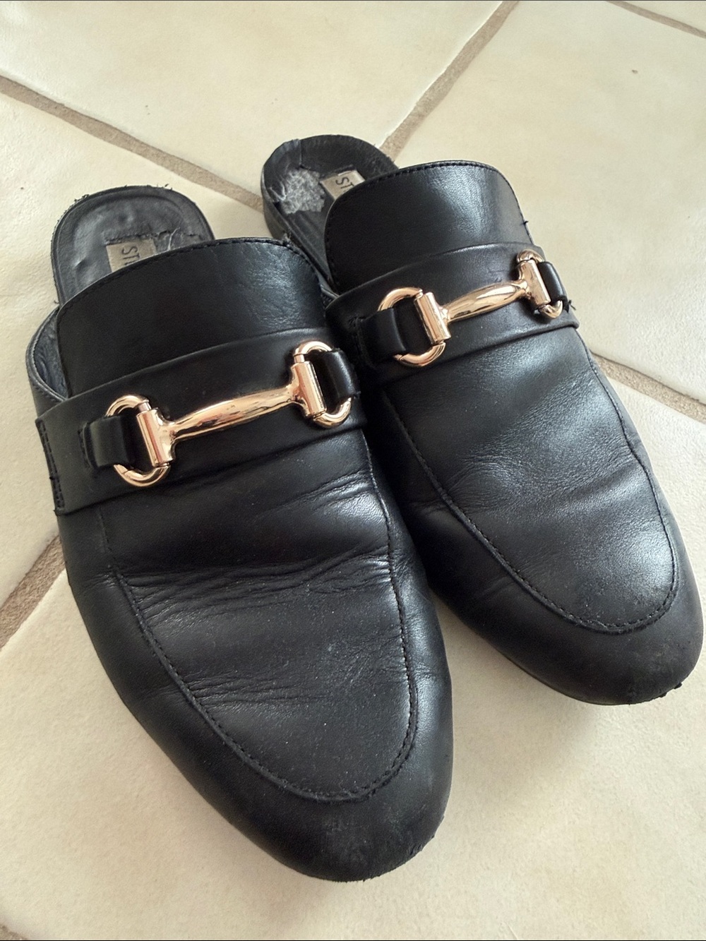 Steve Madden Black Leather Mule Slides with Rose Gold Buckle